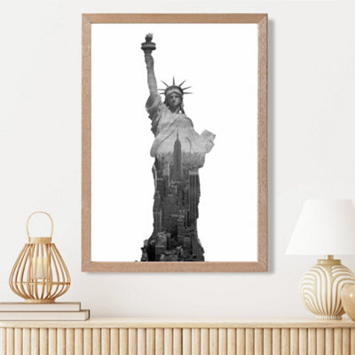 Artze Wall Art Abstract Statue Of Liberty New York Black And White Photo Framed Print Size: A3 With Oak Frame from B&Q