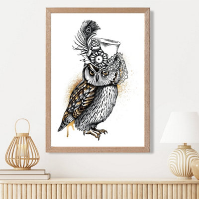 Artze Wall Art Steam Punk Owl Sketch Framed Print Size: A3 With Oak Frame from B&Q