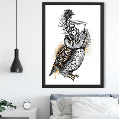Artze Wall Art Steam Punk Owl Sketch Framed Print Size: A2 With Black Frame from B&Q