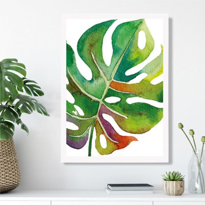 Artze Wall Art Monstera Leaf Abstract Watercolour Botanical Framed Print Size: A3 With White Frame from B&Q