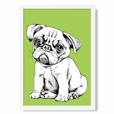 Artze Wall Art Sketch Pug Dog On Bright Green Art Print With White Frame Size: A4 from B&Q