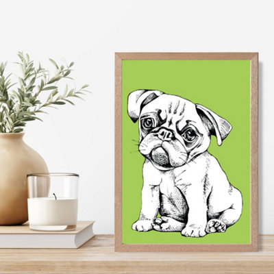 Artze Wall Art Sketch Pug Dog On Bright Green Framed Print Size: A4 With Oak Frame from B&Q