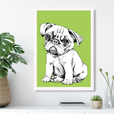 Artze Wall Art Sketch Pug Dog On Bright Green Framed Print Size: A3 With White Frame from B&Q