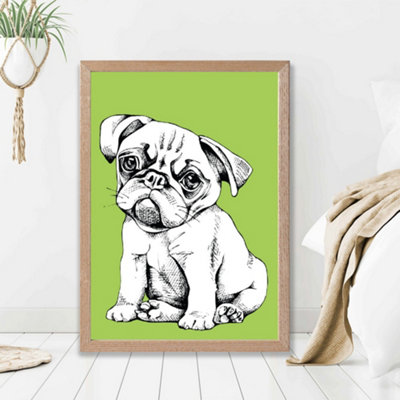 Artze Wall Art Sketch Pug Dog On Bright Green Framed Print Size: A2 With Oak Frame from B&Q