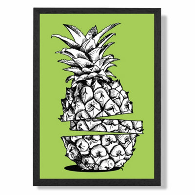 Artze Wall Art Sketch Pineapple On Bright Green Art Print With Black Frame Size: A4 from B&Q