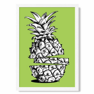 Artze Wall Art Sketch Pineapple On Bright Green Art Print With White Frame Size: A4 from B&Q