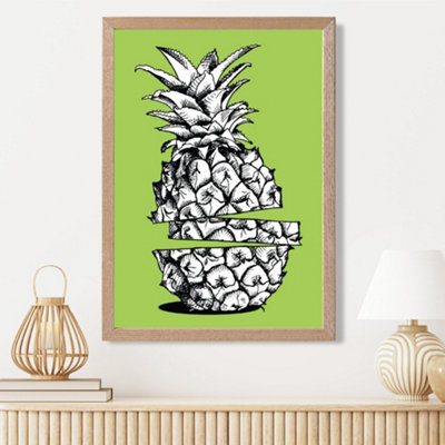 Artze Wall Art Sketch Pineapple On Bright Green Framed Print Size: A3 With Oak Frame from B&Q