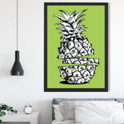 Artze Wall Art Sketch Pineapple On Bright Green Framed Print Size: A2 With Black Frame from B&Q
