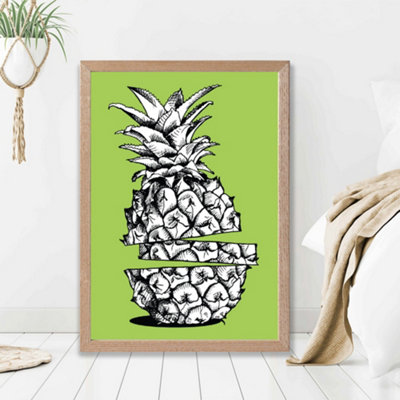Artze Wall Art Sketch Pineapple On Bright Green Framed Print Size: A2 With Oak Frame from B&Q