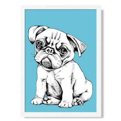 Artze Wall Art Sketch Pug Dog On Bright Blue Art Print With White Frame Size: A4 from B&Q