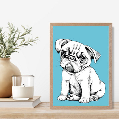 Artze Wall Art Sketch Pug Dog On Bright Blue Framed Print Size: A4 With Oak Frame from B&Q