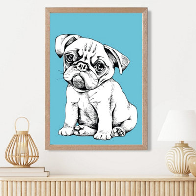 Artze Wall Art Sketch Pug Dog On Bright Blue Framed Print Size: A3 With Oak Frame from B&Q
