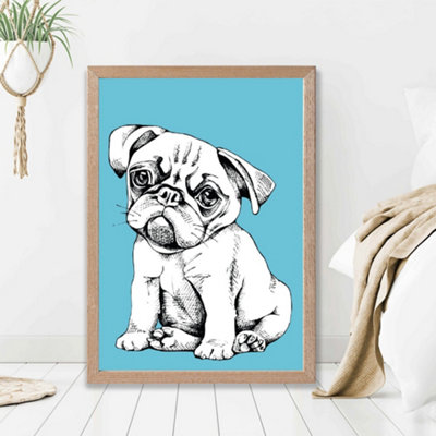 Artze Wall Art Sketch Pug Dog On Bright Blue Framed Print Size: A2 With Oak Frame from B&Q
