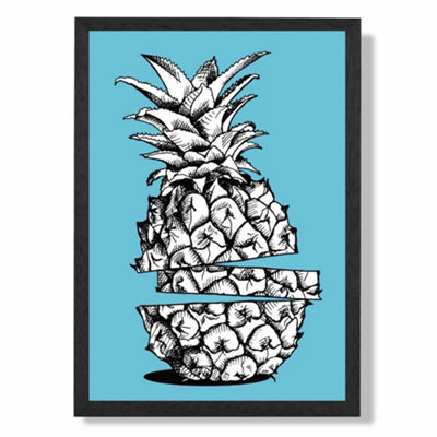 Artze Wall Art Sketch Pineapple On Bright Blue Art Print With Black Frame Size: A4 from B&Q