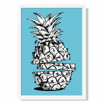 Artze Wall Art Sketch Pineapple On Bright Blue Art Print With White Frame Size: A4 from B&Q