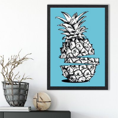 Artze Wall Art Sketch Pineapple On Bright Blue Framed Print Size: A3 With Black Frame from B&Q
