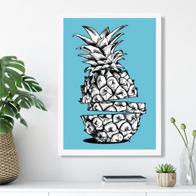 Artze Wall Art Sketch Pineapple On Bright Blue Framed Print Size: A3 With White Frame from B&Q