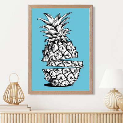 Artze Wall Art Sketch Pineapple On Bright Blue Framed Print Size: A3 With Oak Frame from B&Q
