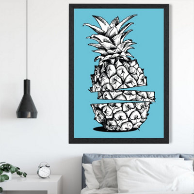 Artze Wall Art Sketch Pineapple On Bright Blue Framed Print Size: A2 With Black Frame from B&Q