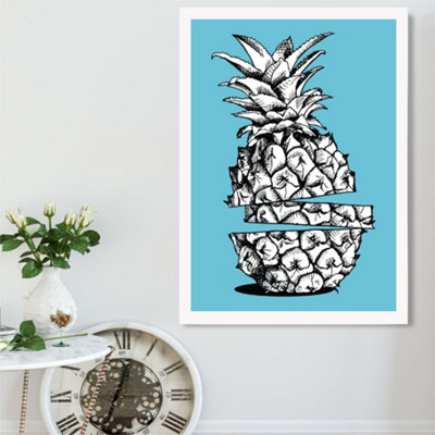 Artze Wall Art Sketch Pineapple On Bright Blue Framed Print Size: A2 With White Frame from B&Q