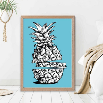 Artze Wall Art Sketch Pineapple On Bright Blue Framed Print Size: A2 With Oak Frame from B&Q