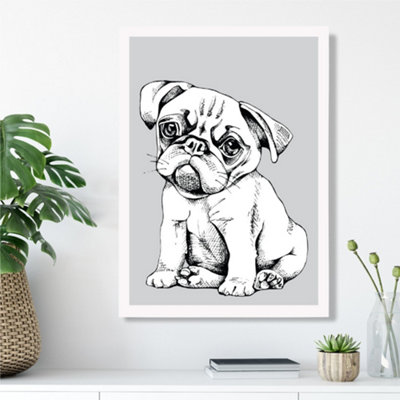 Artze Wall Art Sketch Pug Dog On Light Grey Framed Print Size: A3 With White Frame from B&Q