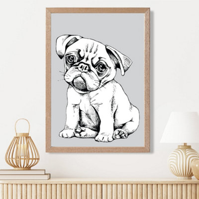 Artze Wall Art Sketch Pug Dog On Light Grey Framed Print Size: A3 With Oak Frame from B&Q
