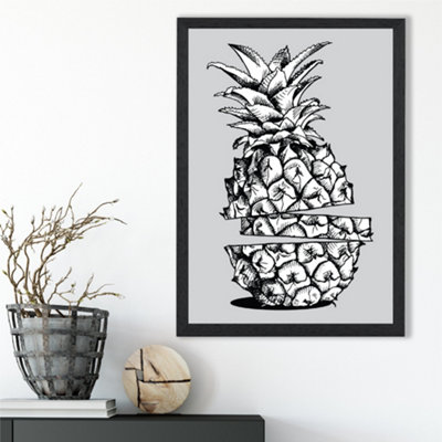 Artze Wall Art Sketch Pineapple On Light Grey Framed Print Size: A3 With Black Frame from B&Q