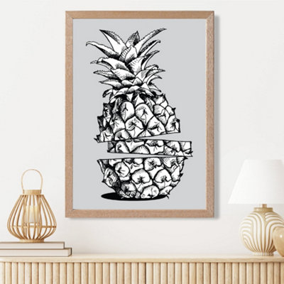 Artze Wall Art Sketch Pineapple On Light Grey Framed Print Size: A3 With Oak Frame from B&Q