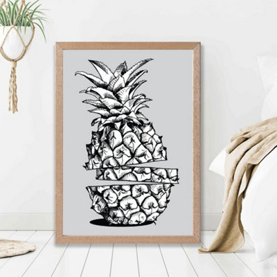 Artze Wall Art Sketch Pineapple On Light Grey Framed Print Size: A2 With Oak Frame from B&Q