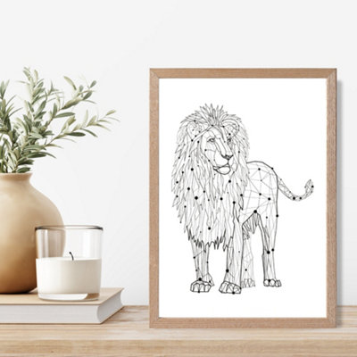 Artze Wall Art Line Art Lion Geometric Animal Framed Print Size: A4 With Oak Frame from B&Q