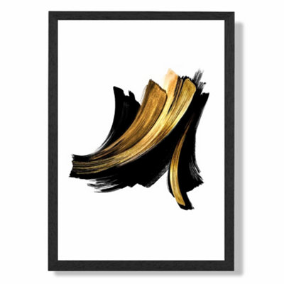 Artze Wall Art Abstract Black And Gold Paint Strokes Art Print With Black Frame Size: A4 from B&Q