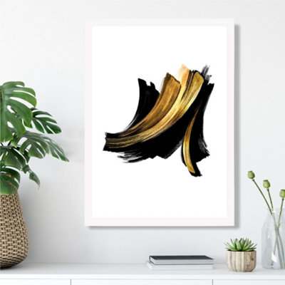 Artze Wall Art Abstract Black And Gold Paint Strokes Framed Print Size: A3 With White Frame from B&Q