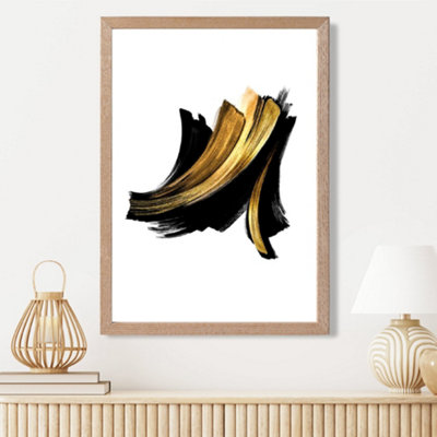 Artze Wall Art Abstract Black And Gold Paint Strokes Framed Print Size: A3 With Oak Frame from B&Q