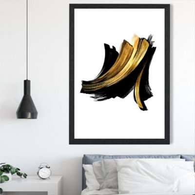 Artze Wall Art Abstract Black And Gold Paint Strokes Framed Print Size: A2 With Black Frame from B&Q