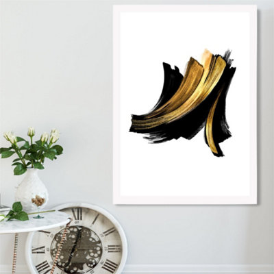 Artze Wall Art Abstract Black And Gold Paint Strokes Framed Print Size: A2 With White Frame from B&Q