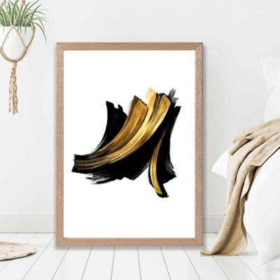 Artze Wall Art Abstract Black And Gold Paint Strokes Framed Print Size: A2 With Oak Frame from B&Q