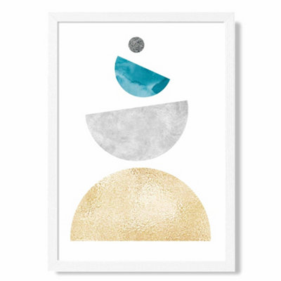 Artze Wall Art Aqua And Yellow Semi Circles Mid Century Geometric Art Print With White Frame Size: A4 from B&Q