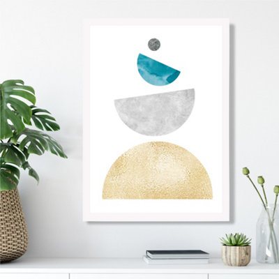 Artze Wall Art Aqua And Yellow Semi Circles Mid Century Geometric Framed Print Size: A3 With White Frame from B&Q