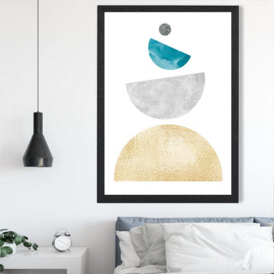 Artze Wall Art Aqua And Yellow Semi Circles Mid Century Geometric Framed Print Size: A2 With Black Frame from B&Q