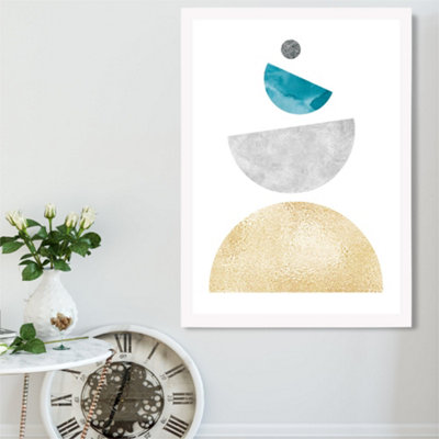Artze Wall Art Aqua And Yellow Semi Circles Mid Century Geometric Framed Print Size: A2 With White Frame from B&Q