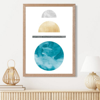 Artze Wall Art Yellow And Aqua Circles Mid Century Geometric Framed Print Size: A3 With Oak Frame from B&Q