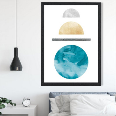 Artze Wall Art Yellow And Aqua Circles Mid Century Geometric Framed Print Size: A2 With Black Frame from B&Q