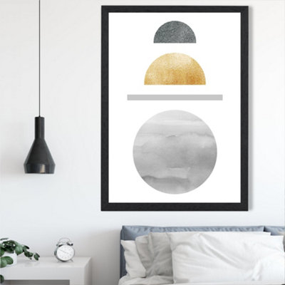 Artze Wall Art Yellow And Grey Circles Mid Century Geometric Framed Print Size: A2 With Black Frame from B&Q