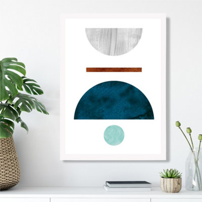 Artze Wall Art Teal And Grey Semi Circles Mid Century Geometric Framed Print Size: A3 With White Frame from B&Q