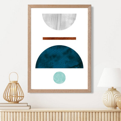 Artze Wall Art Teal And Grey Semi Circles Mid Century Geometric Framed Print Size: A3 With Oak Frame from B&Q
