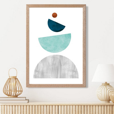 Artze Wall Art Grey And Teal Circles Mid Century Geometric Framed Print Size: A3 With Oak Frame from B&Q