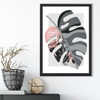 Artze Wall Art Monstera Grey And Pink Boho Botanical Framed Print Size: A3 With Black Frame from B&Q