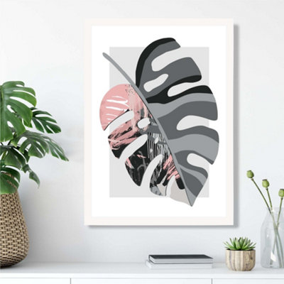 Artze Wall Art Monstera Grey And Pink Boho Botanical Framed Print Size: A3 With White Frame from B&Q