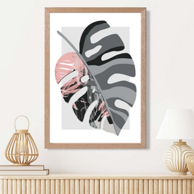 Artze Wall Art Monstera Grey And Pink Boho Botanical Framed Print Size: A3 With Oak Frame from B&Q